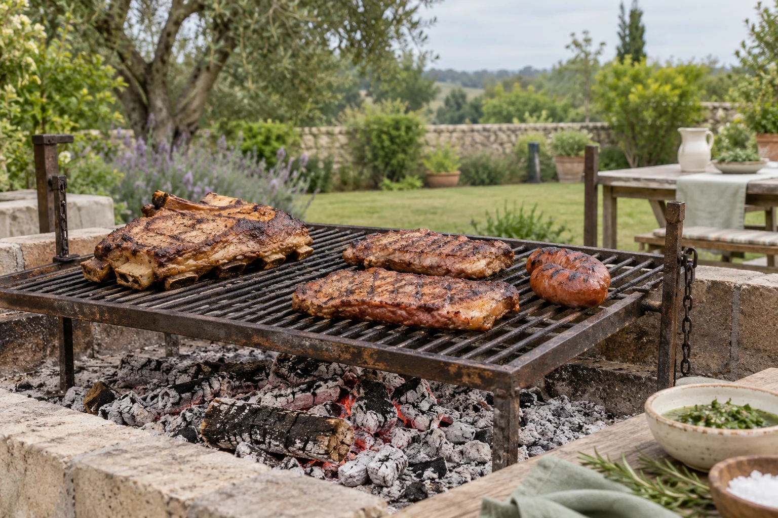 A simple Argentine-style metal parrilla over a shallow bed of quiet wood embers, a few beef cuts spaced apart, daytime open-air cooking, no large flames