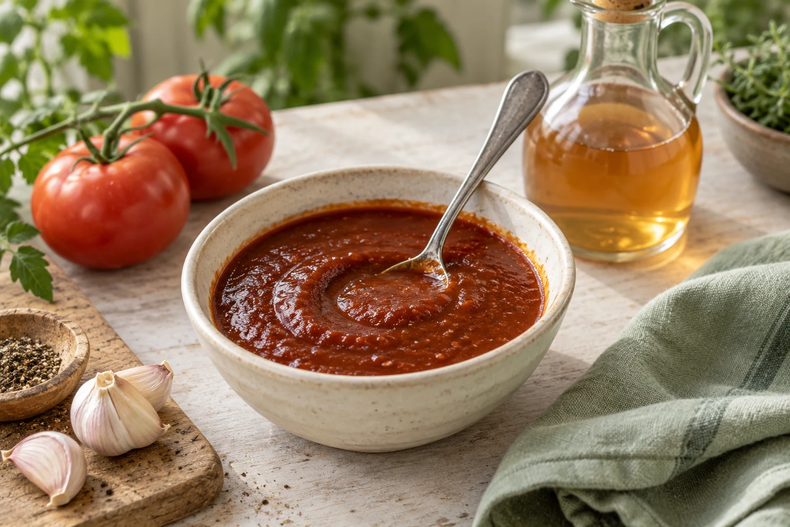 A small cream bowl of homemade reddish brown barbecue sauce with a spoon, tomato and cider vinegar jug on a pale kitchen counter