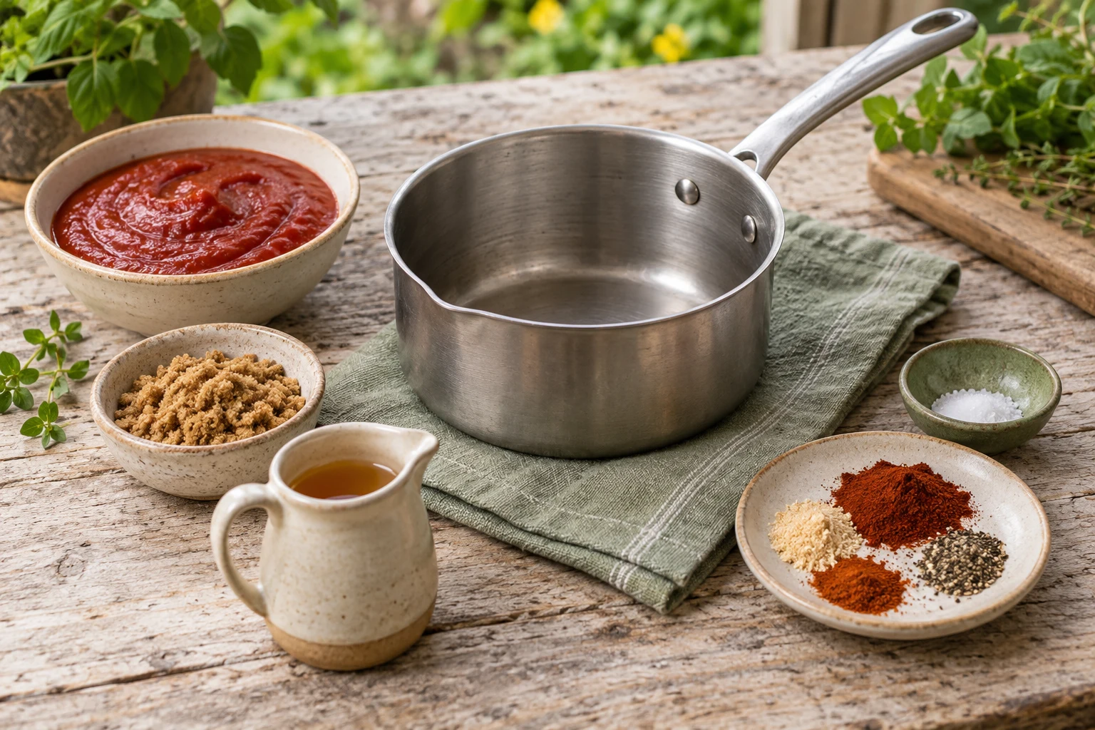 Small bowls of tomato puree, brown sugar and mild spices with a little cider vinegar jug arranged around a small saucepan, no labels