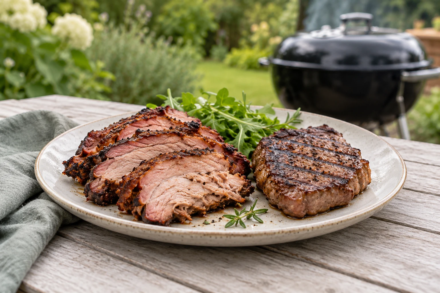 A plate with a few slices of slow-cooked pork alongside a small grilled steak; a kettle grill softly blurred behind