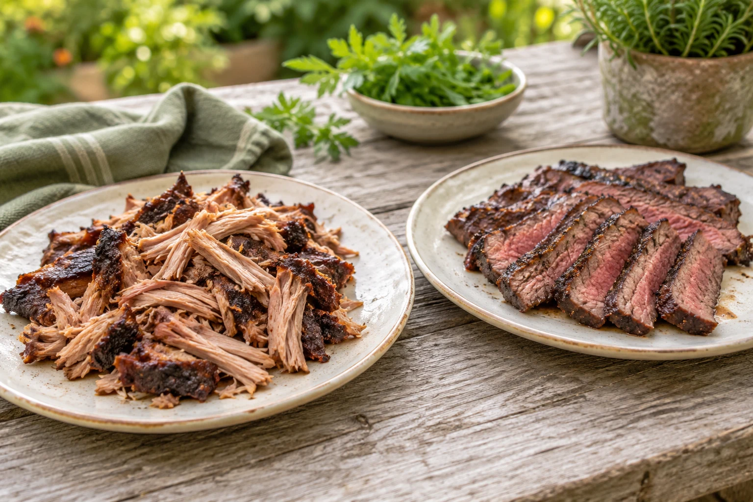 Two separate cream plates, one with tender shredded pork and one with sliced grilled steak, close-up comparison of textures