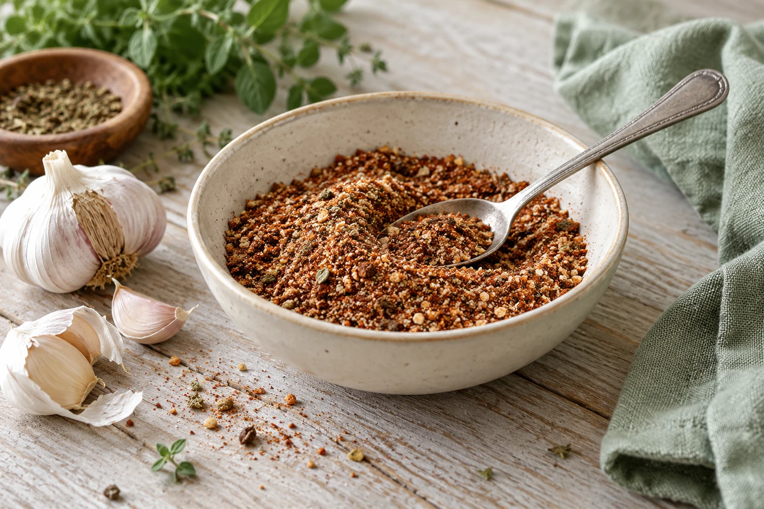A small cream bowl of earthy homemade dry spice rub with a teaspoon, papery garlic nearby on pale wood