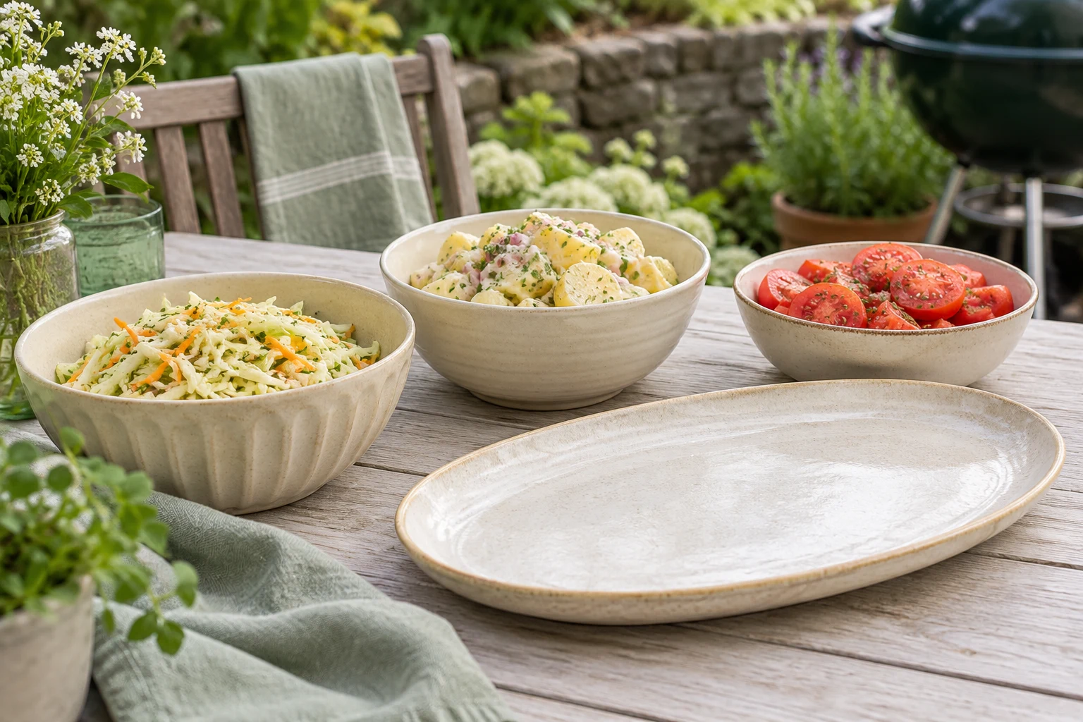 Three small cream serving bowls with slaw, potato salad and sliced tomatoes on a pale garden table, empty serving platter ready nearby