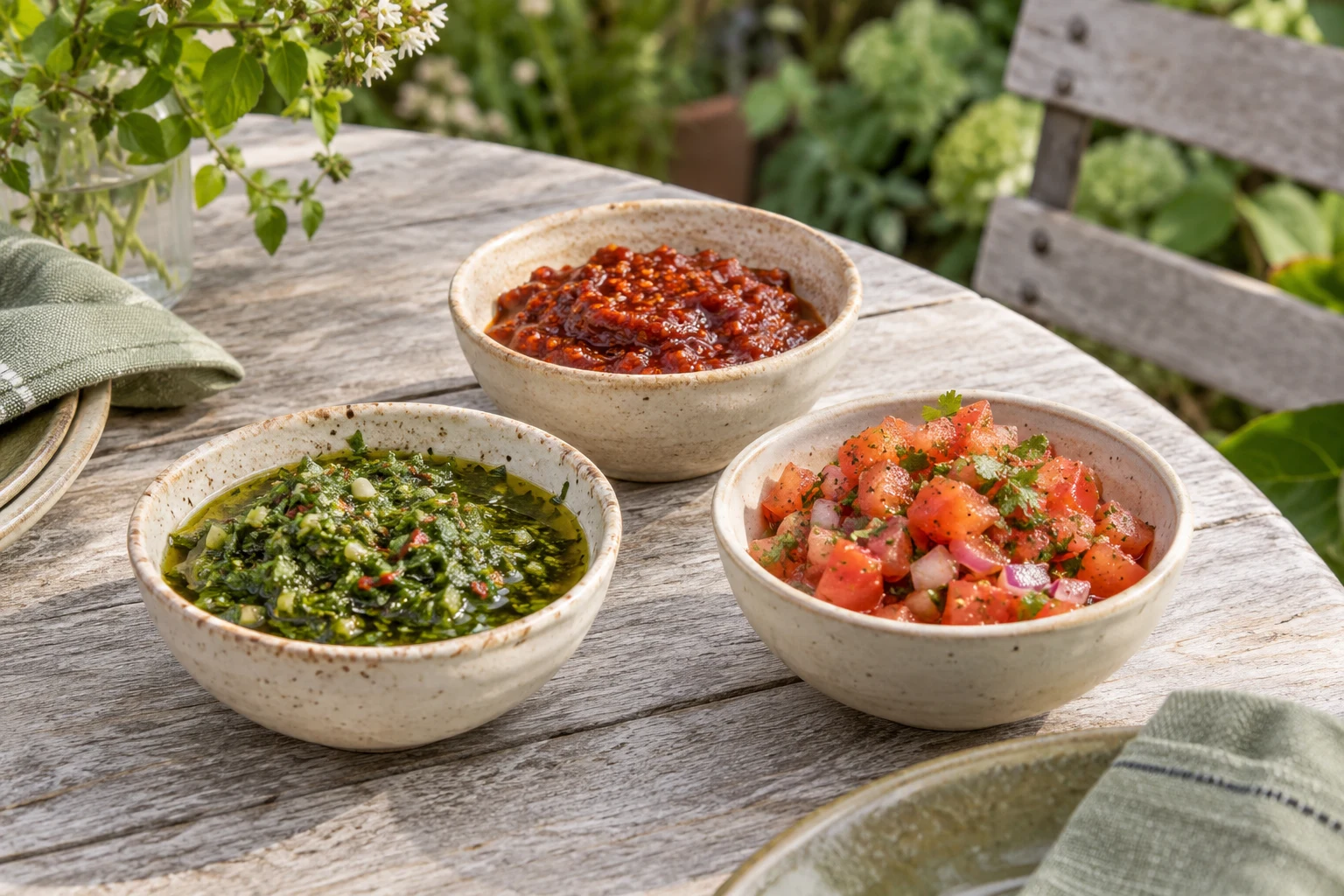 A small outdoor table with three distinct condiments in cream bowls: green chimichurri, red ssamjang and fresh chopped tomato salsa, ingredients naturally textured