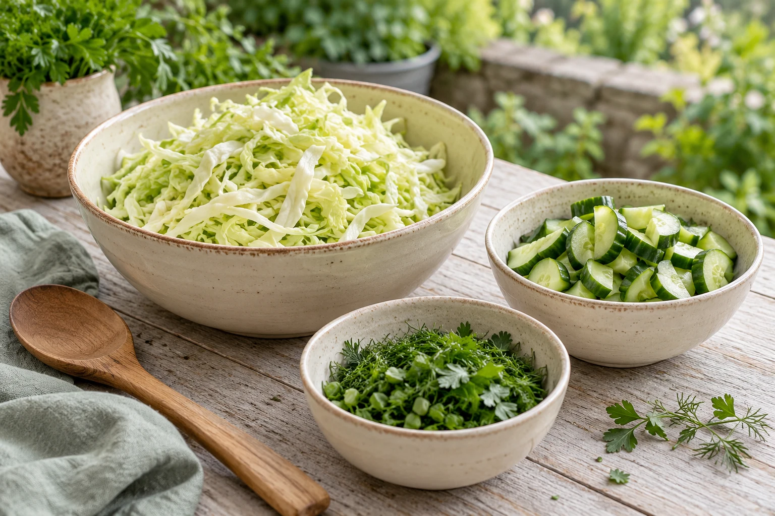 A simple salad preparation scene with chopped cabbage, cucumber and fresh herbs in separate cream bowls, clean wooden spoon beside them