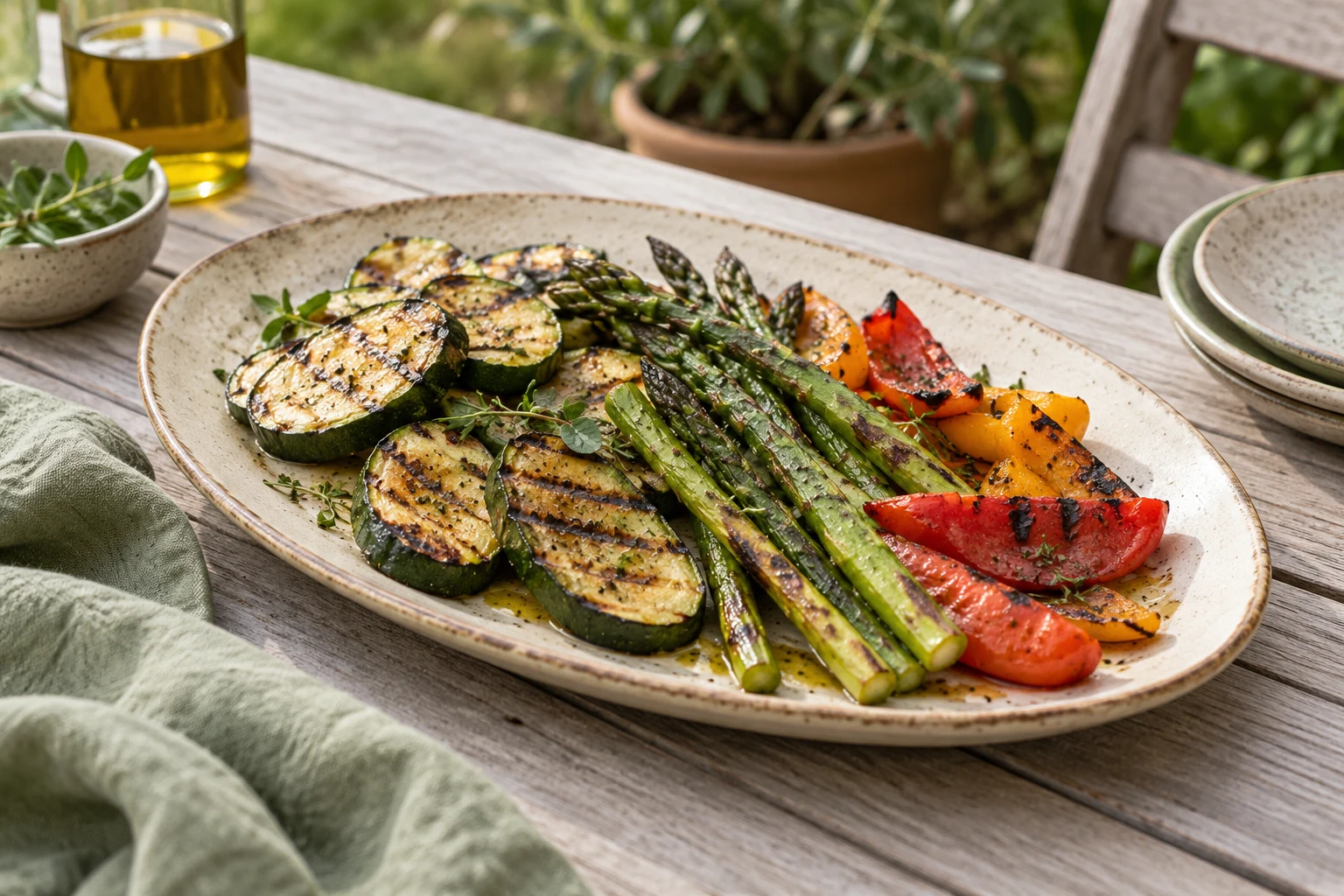 A cream platter with grilled courgette slices, asparagus and peppers, modest servings and lightly browned edges