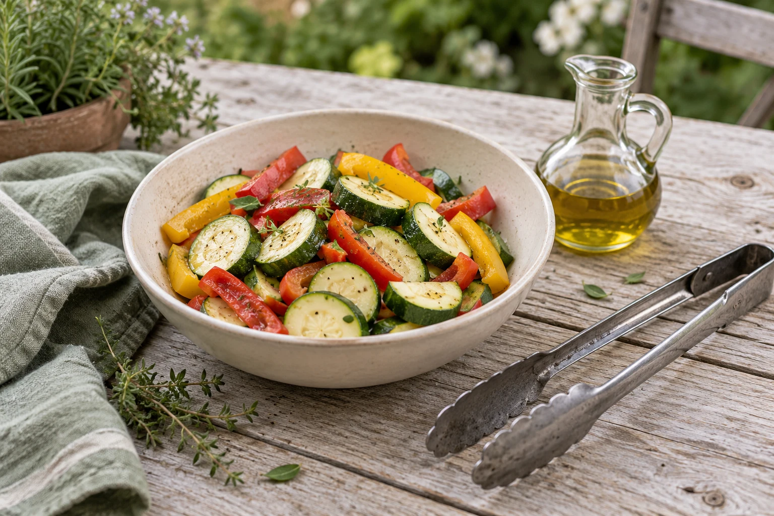 Sliced courgettes and peppers in a cream bowl with a small olive oil jug and long tongs on weathered pale wood, preparation still life