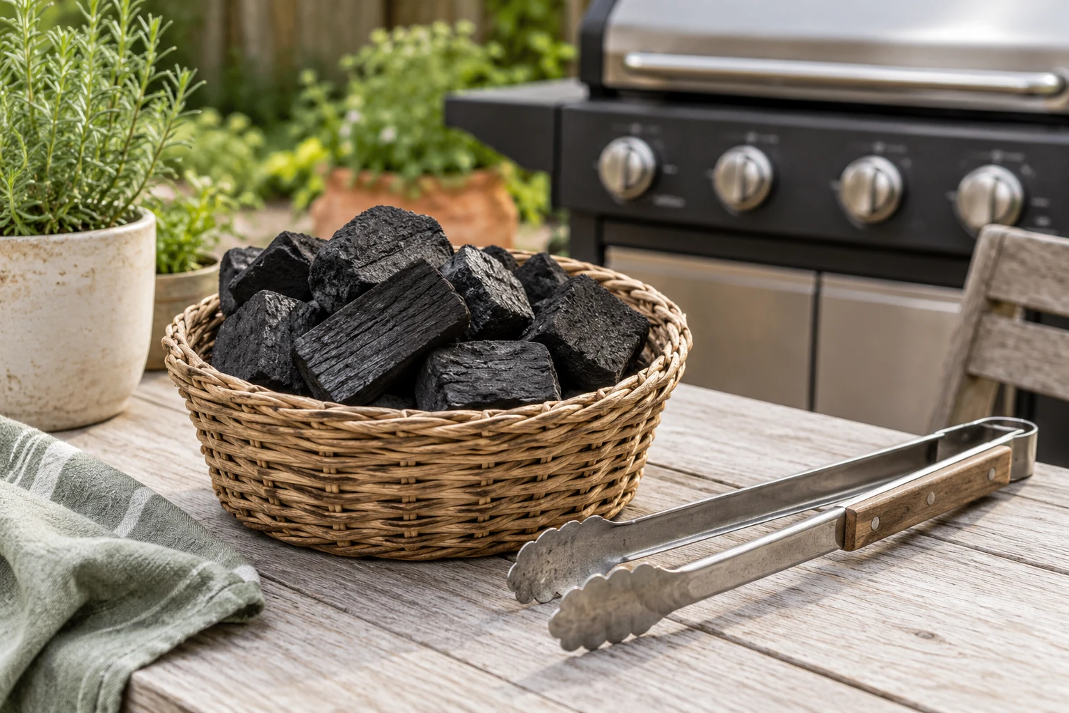 A small basket of unlit charcoal beside long tongs on a pale wooden garden table, with gas grill control knobs softly visible behind