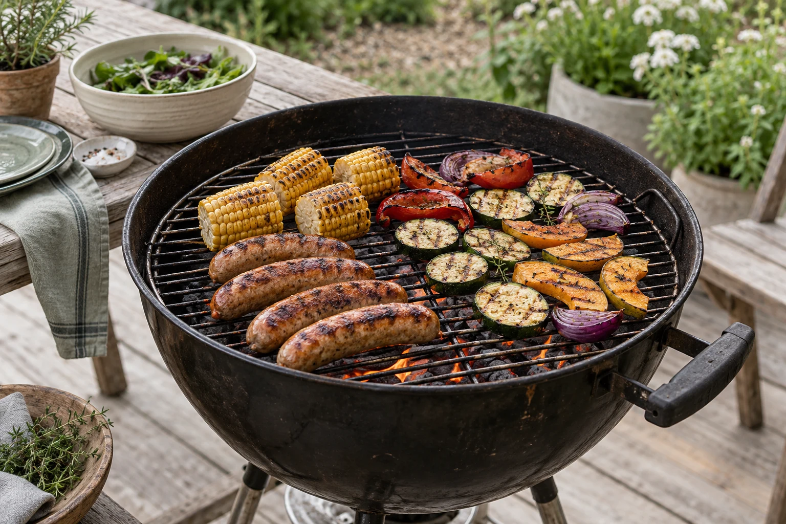 A modest open kettle with sausages, corn and vegetable slices arranged in separate zones, no overloaded food mountain