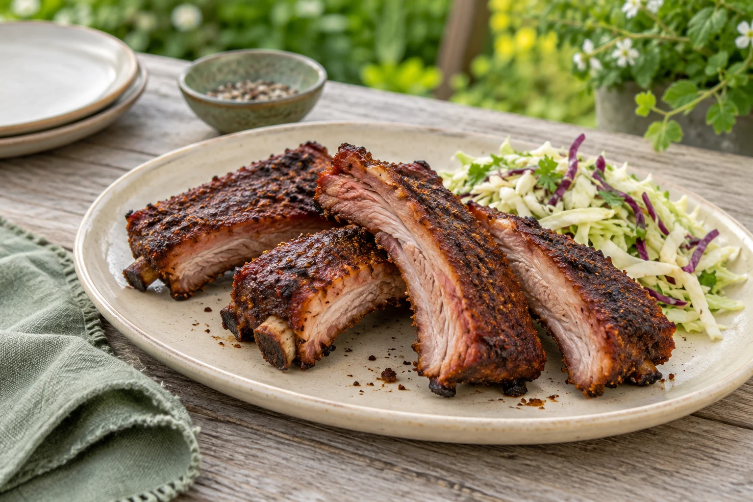 A few cooked pork ribs cut into individual portions on a cream platter, matte spice crust and a small cabbage salad