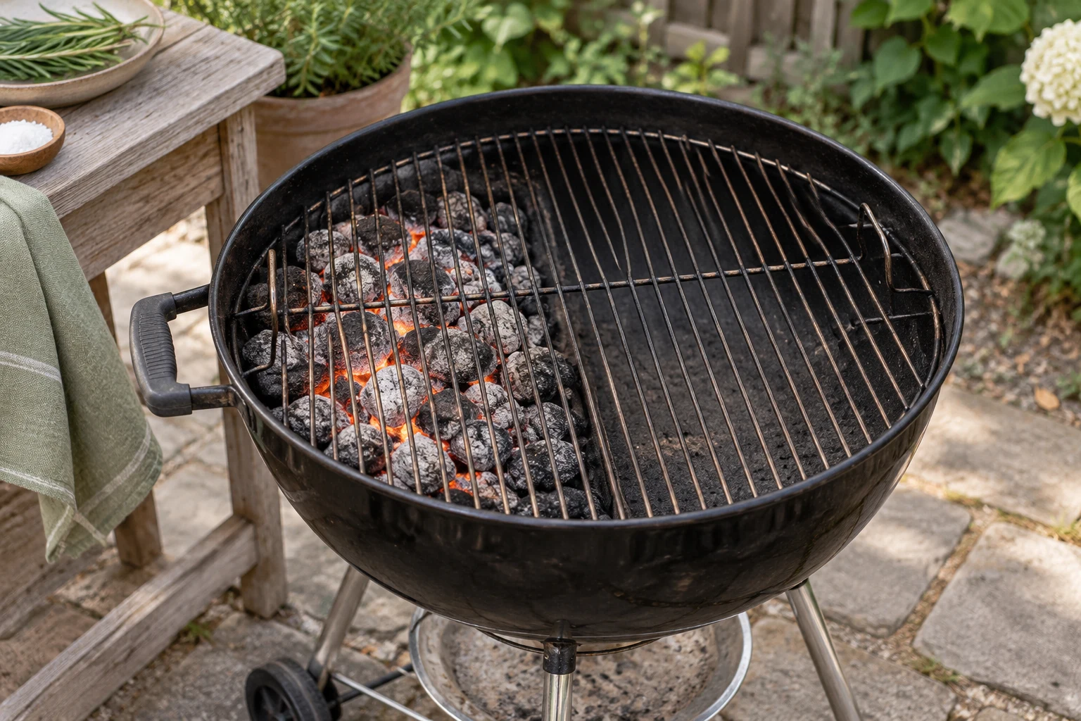 An open round charcoal grill outdoors, coals banked on one half beneath the grate and the opposite half clearly empty