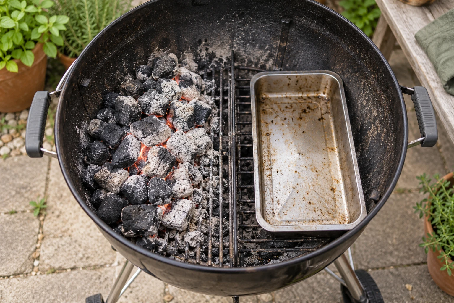 Close overhead view into a round kettle grill with its upper cooking grate removed: ash-covered coals banked on the left lower fuel grate and an empty drip tray on the right, clear single real setup
