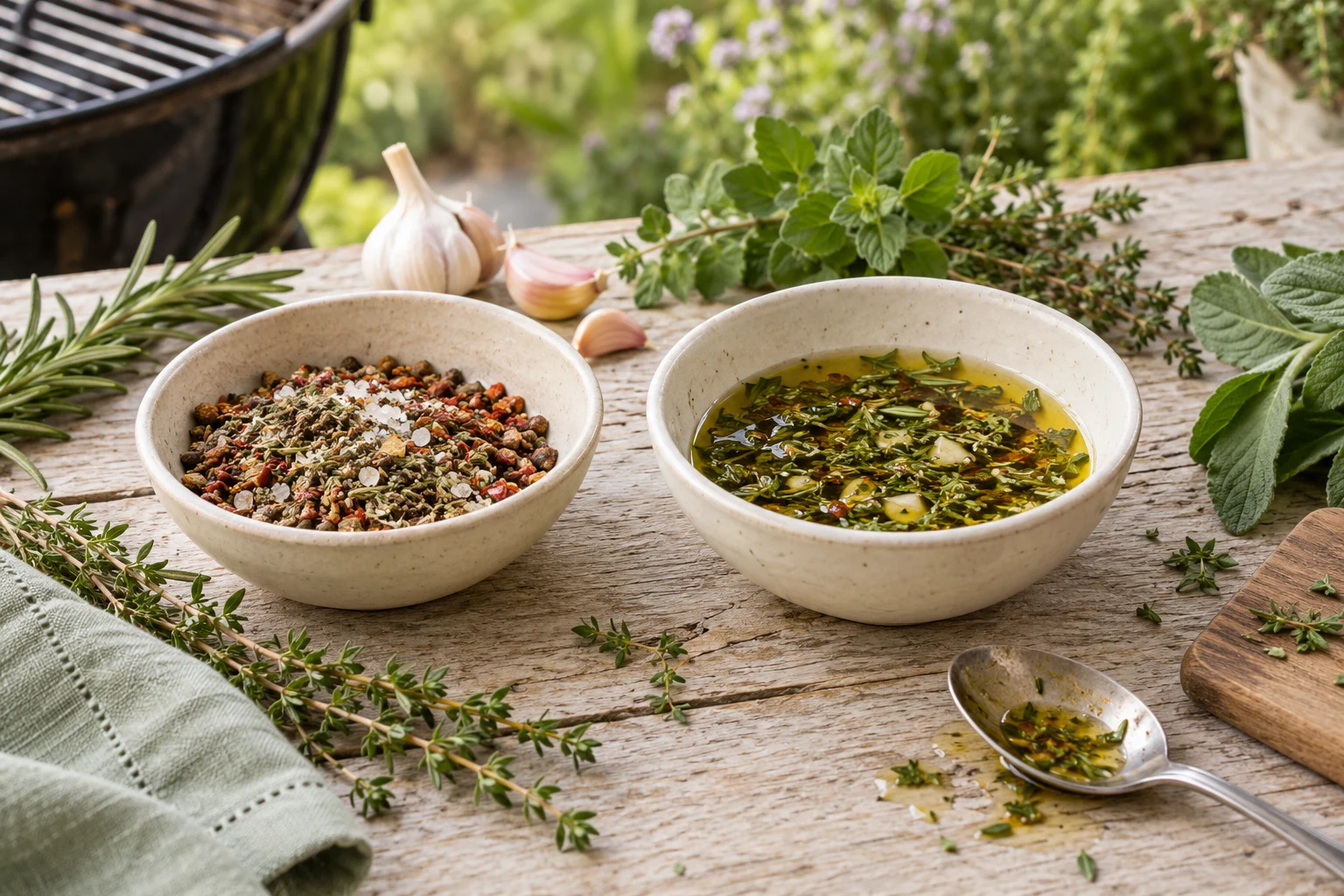 Two small cream bowls, one with dry spices and one with a herb and oil marinade, fresh herbs and a spoon on pale wood
