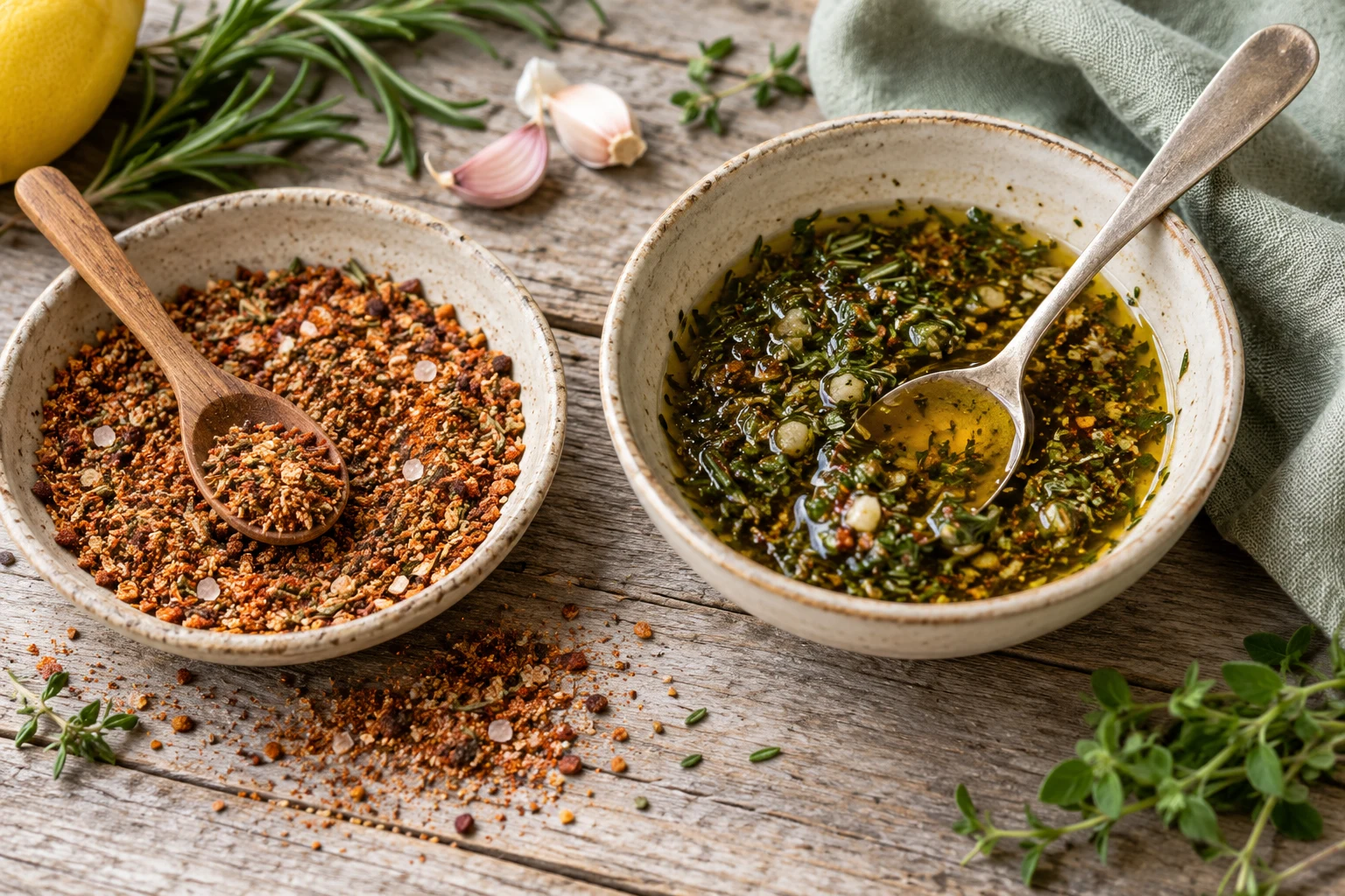 Top-down close-up of dry spice granules beside a small bowl of liquid herb marinade, each with its own spoon, clear texture contrast