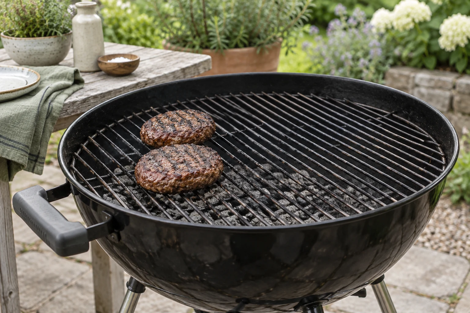 Two beef patties on one side of a clean outdoor grill grate with ample empty cool space beside them, no flames and no grease dripping spectacle