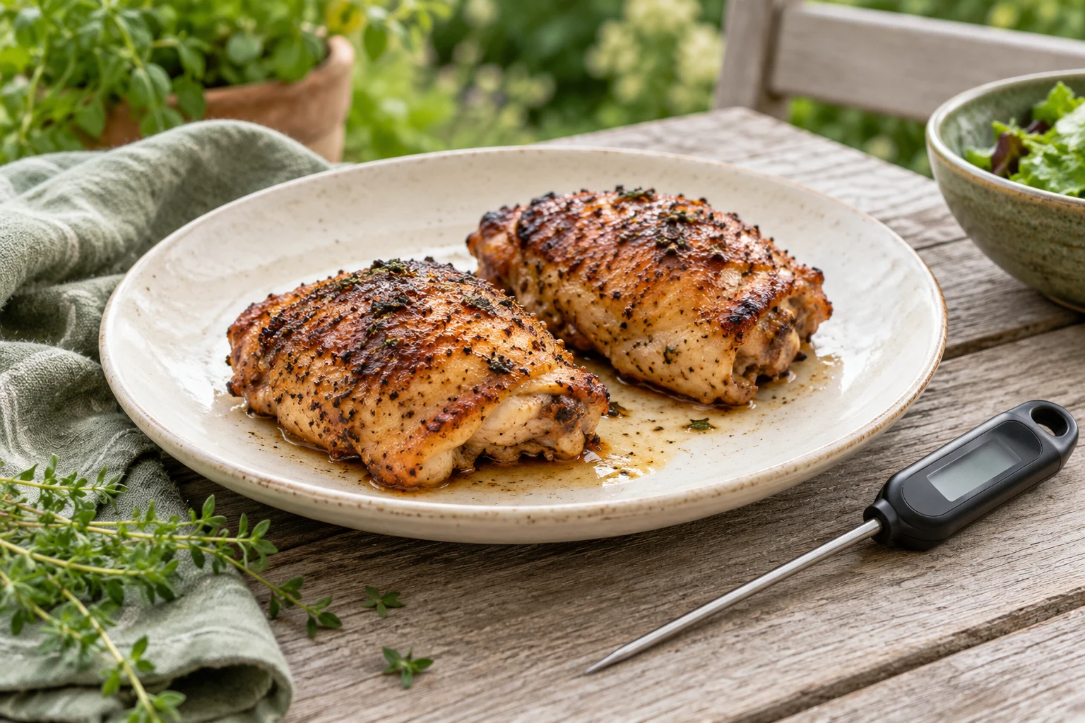 Two cooked chicken thighs resting on a clean cream platter with a clean instant-read thermometer lying beside the plate, no readable display and no implied measured temperature