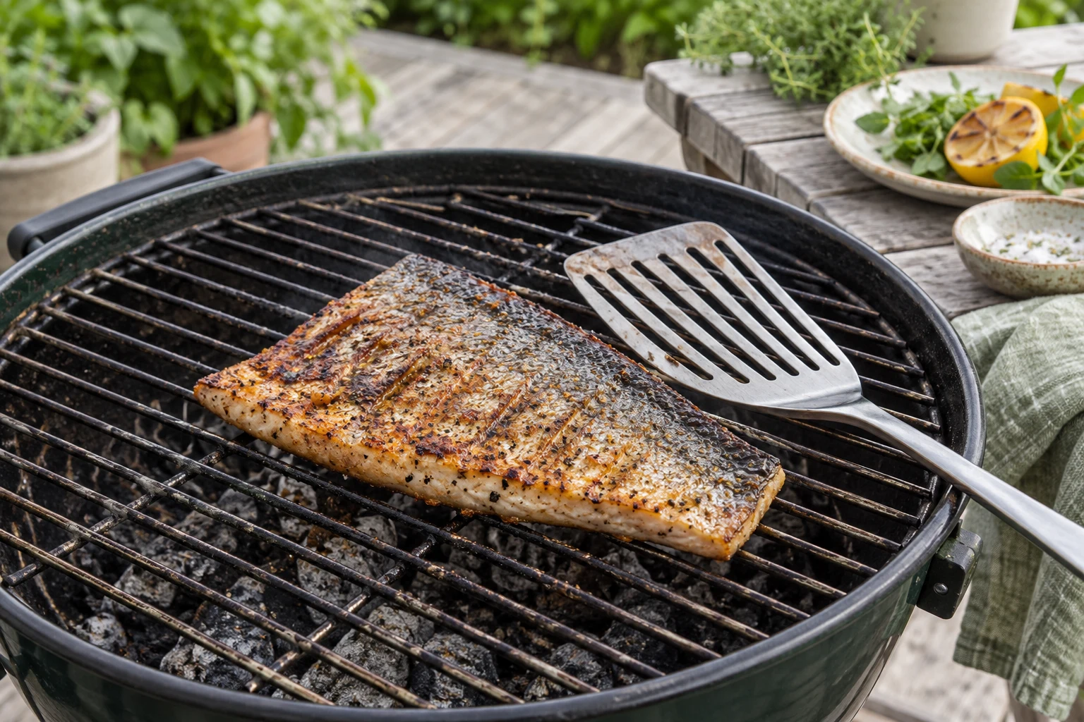 A cooked skin-on fish fillet on a clean grill grate with a thin stainless fish spatula resting alongside, skin intact, no hands or flames