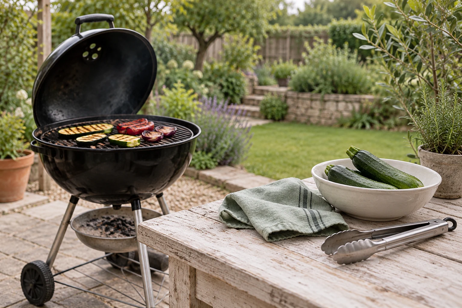 A backyard charcoal grill beside a light wooden preparation table in natural daylight
