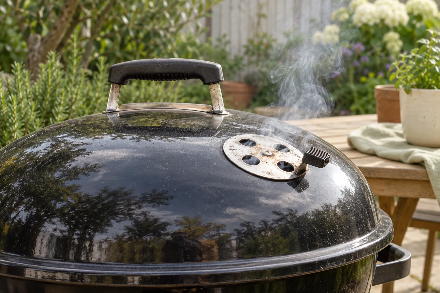 Close natural daylight view of a kettle grill lid with its round adjustable vent and gentle wisps of smoke, garden background