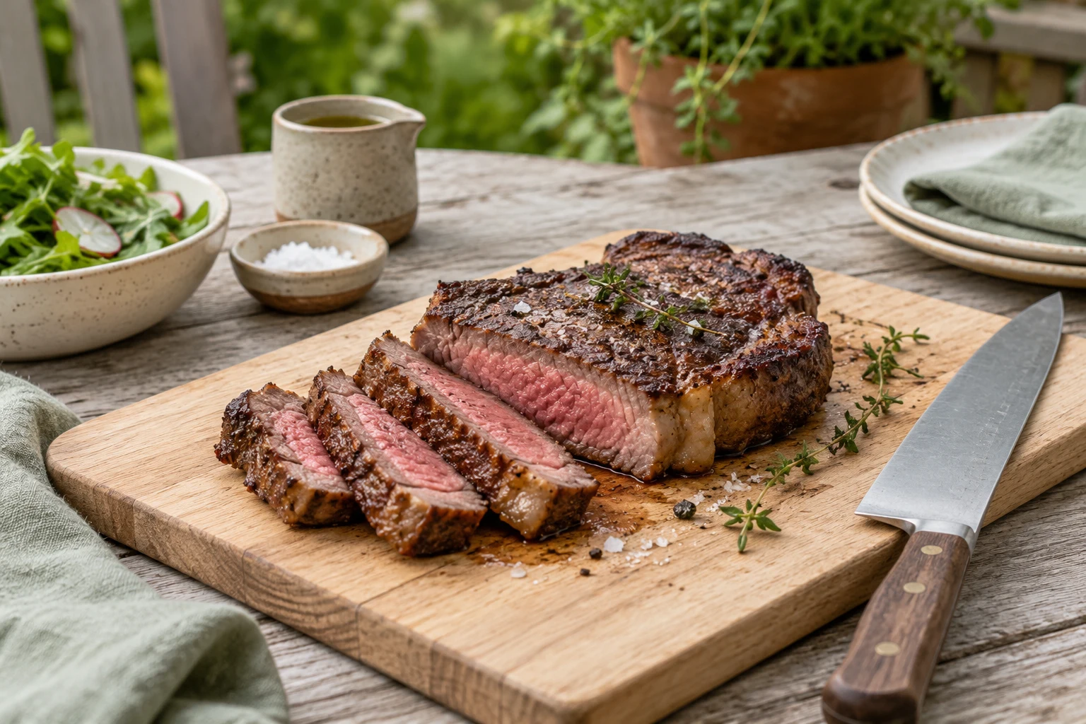 A rested steak on a pale wooden carving board with a few slices cut across the grain, a plain carving knife resting safely at the side, no hands