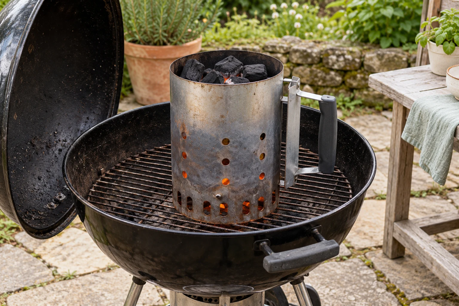A metal charcoal chimney standing upright on the fuel grate inside an open kettle on stone paving outdoors, no lighter fluid