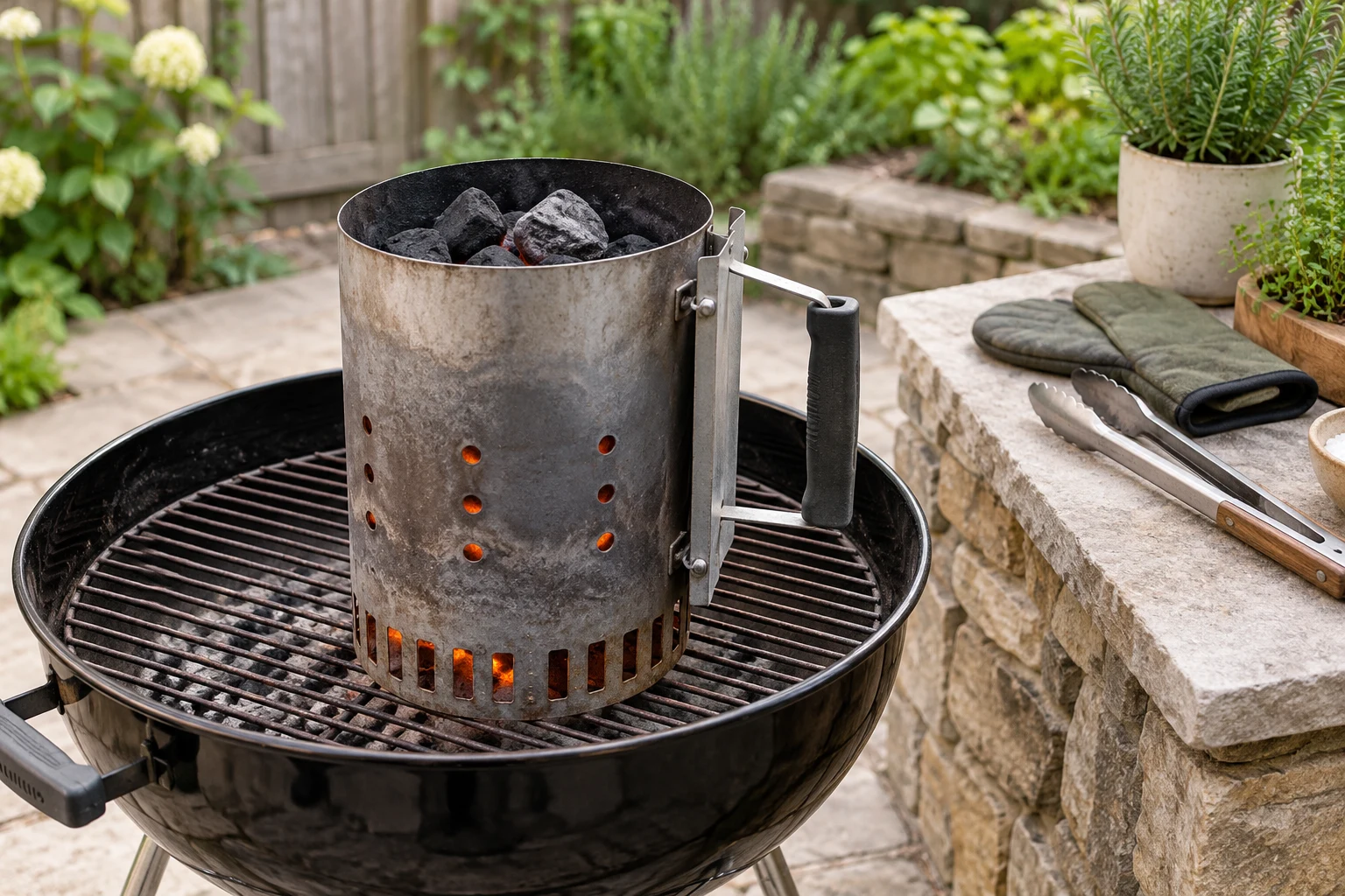 Close view of an upright metal chimney starter containing charcoal on a kettle fuel grate, heatproof mitts and long tongs resting separately on a nearby stone ledge, no hands or flames