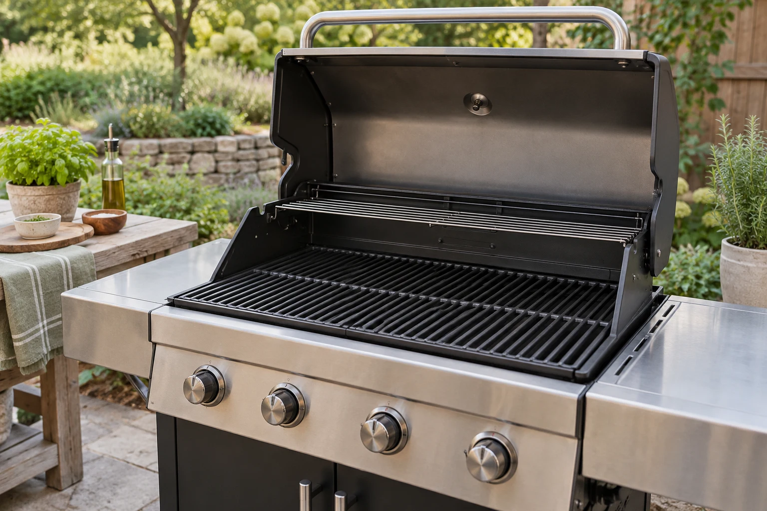 An empty clean gas grill outdoors with lid raised and orderly cooking grates, quiet garden setting