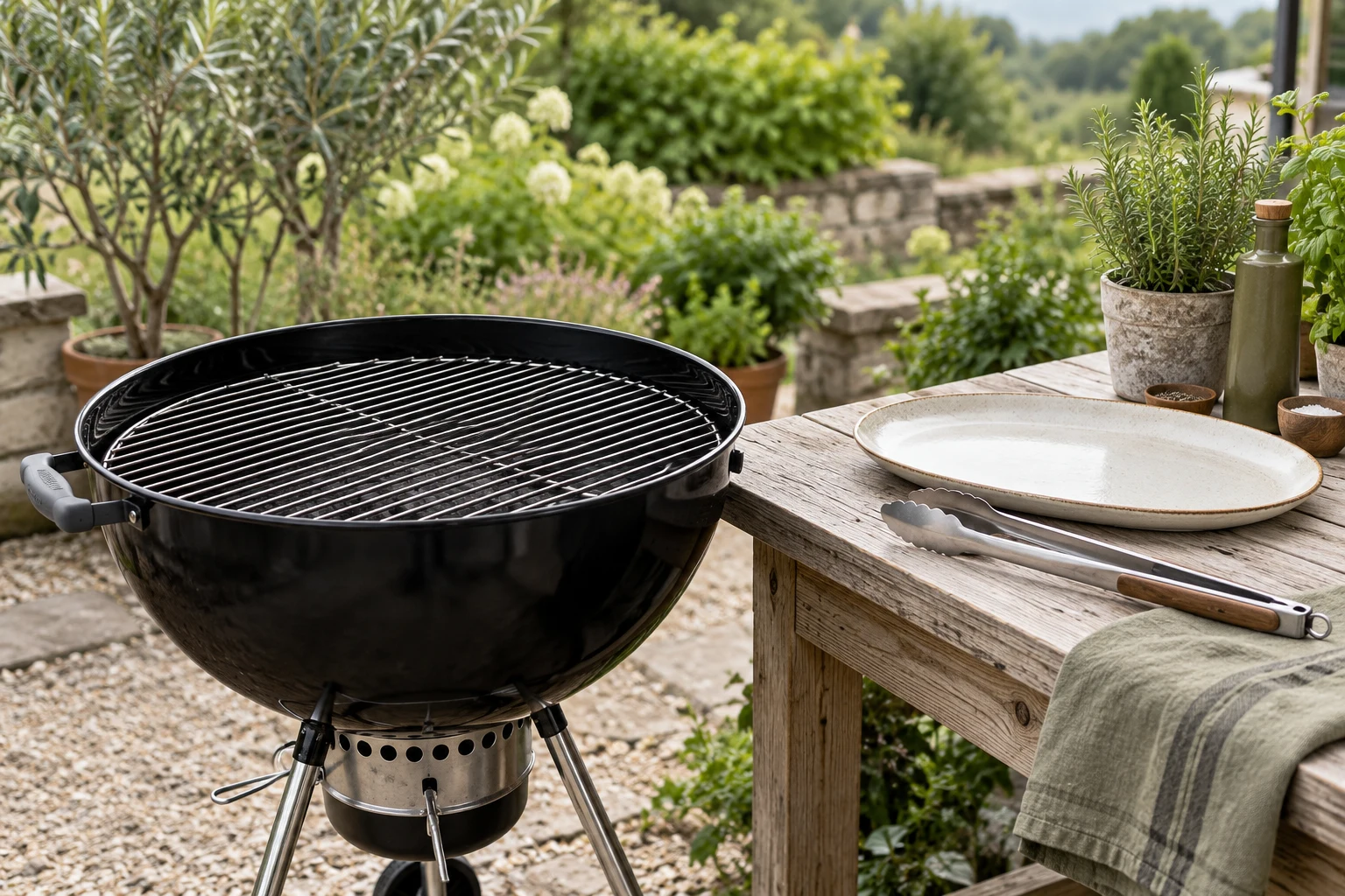 An empty clean kettle cooking grate next to a wooden preparation table with long tongs and a clean serving platter, ready for a first cook
