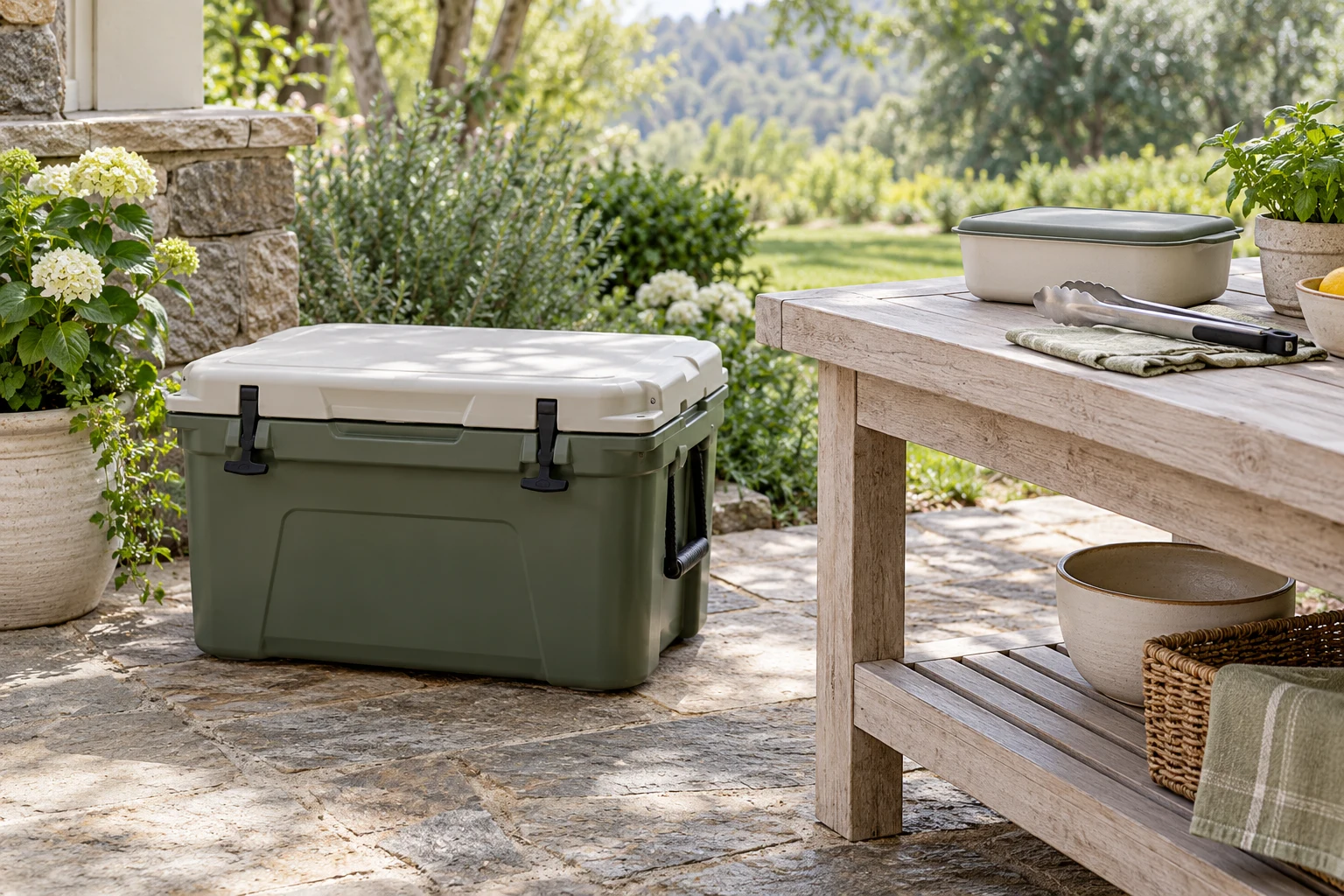 A closed insulated cooler on a shaded stone patio next to a clean prep table with a closed food container and clean tongs, no raw food exposed