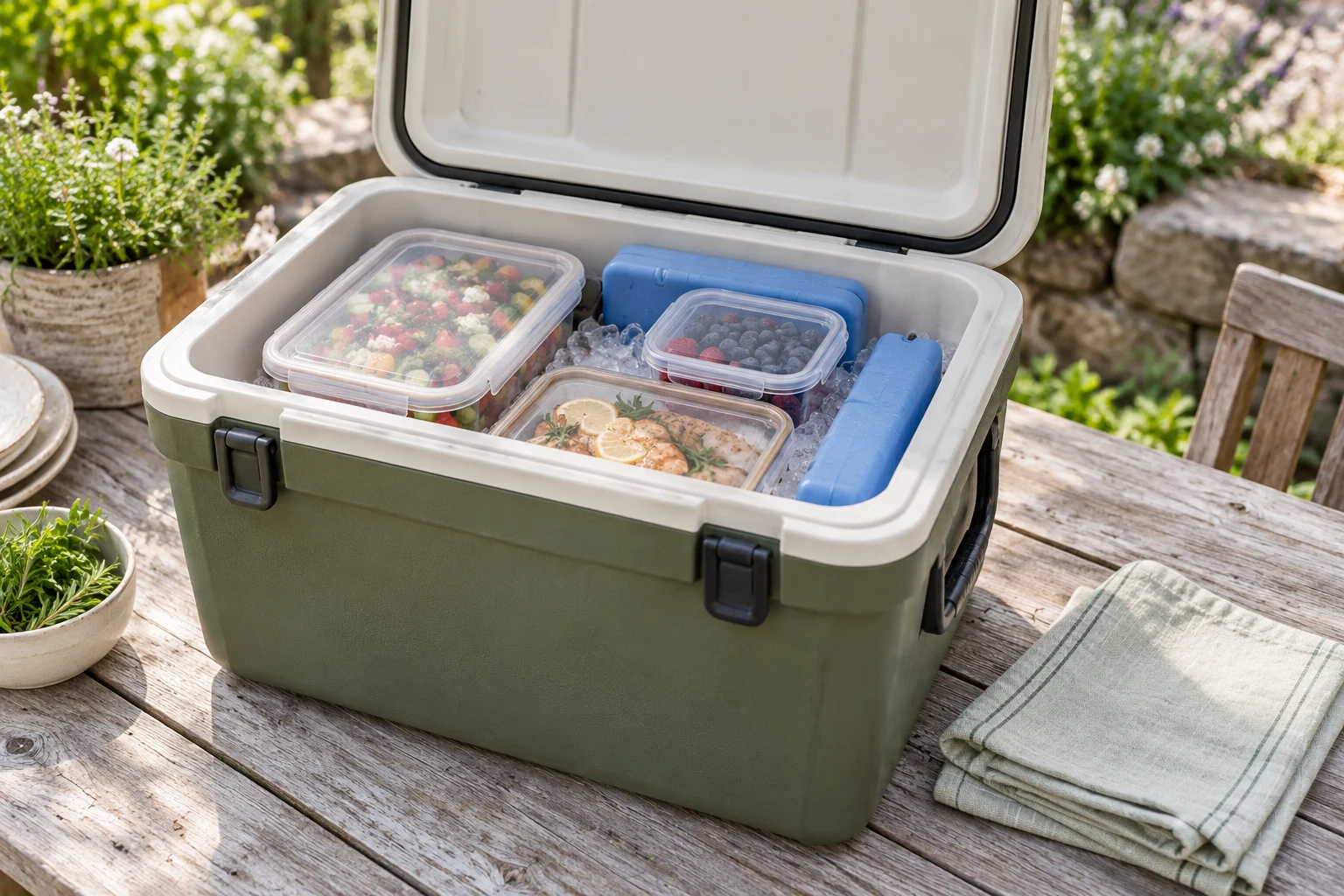 An open insulated cooler with ice packs and sealed food containers, a clean folded cloth on the table beside it, shaded natural daylight