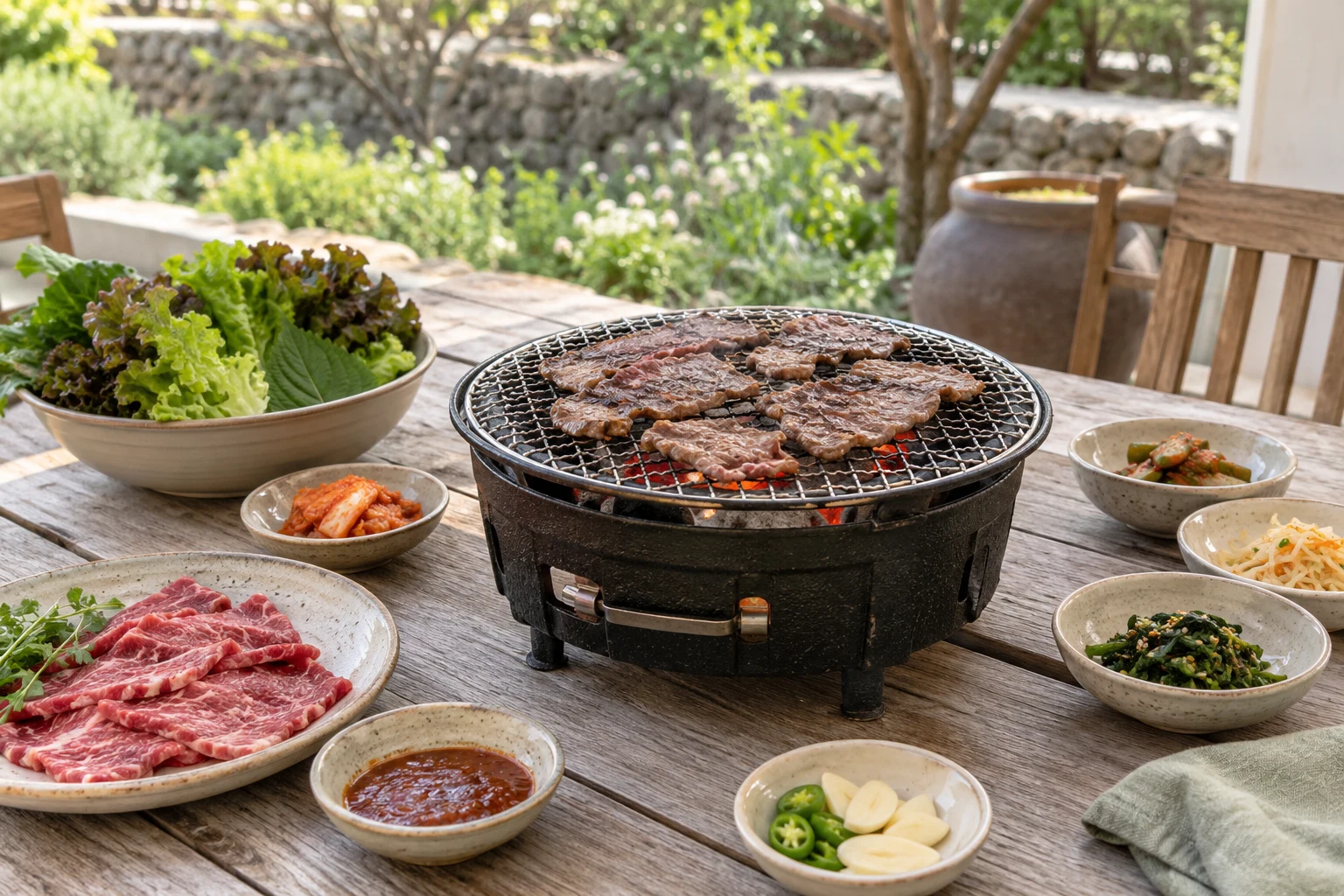 A small tabletop grill on an open-air patio with thin beef slices, lettuce leaves and small banchan dishes arranged separately, daylight and realistic modest portions