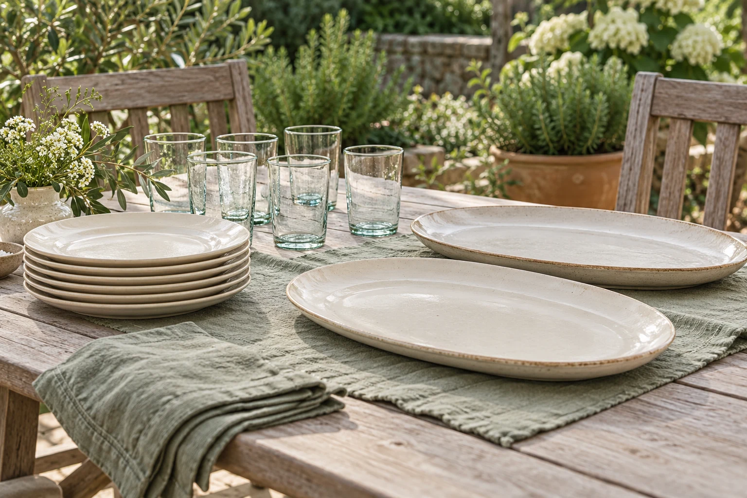 An outdoor table with six neatly stacked cream plates, six drinking glasses and two empty serving platters prepared for a small cookout