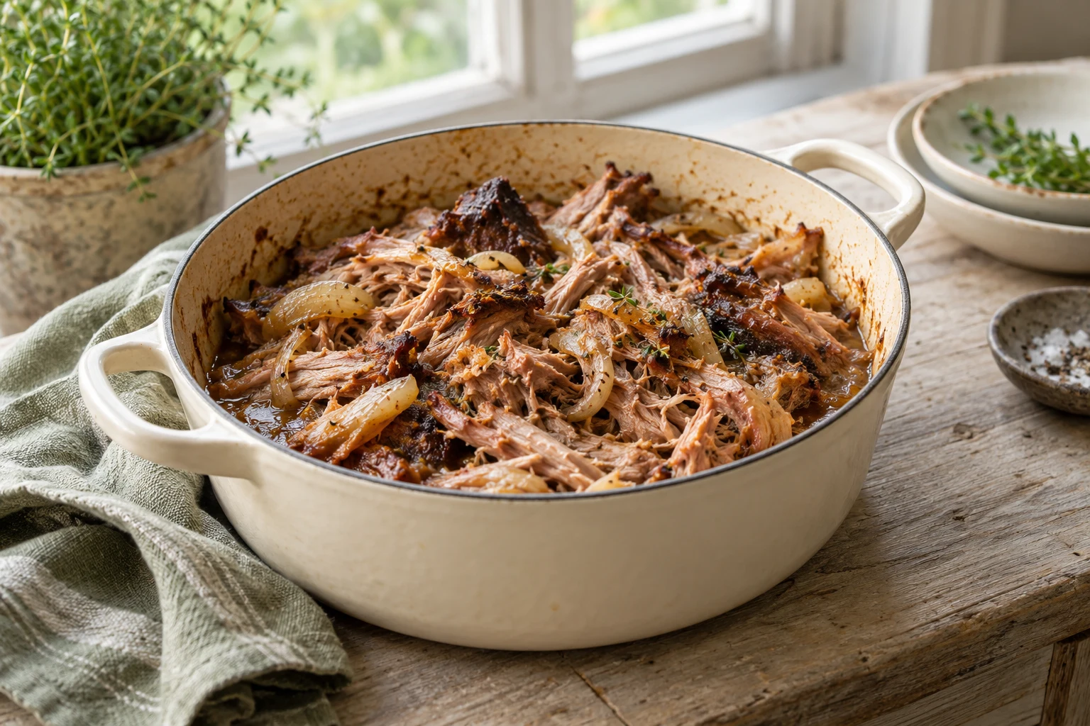 A small cream braising dish containing tender pulled pork with cooked onions, pale kitchen window light