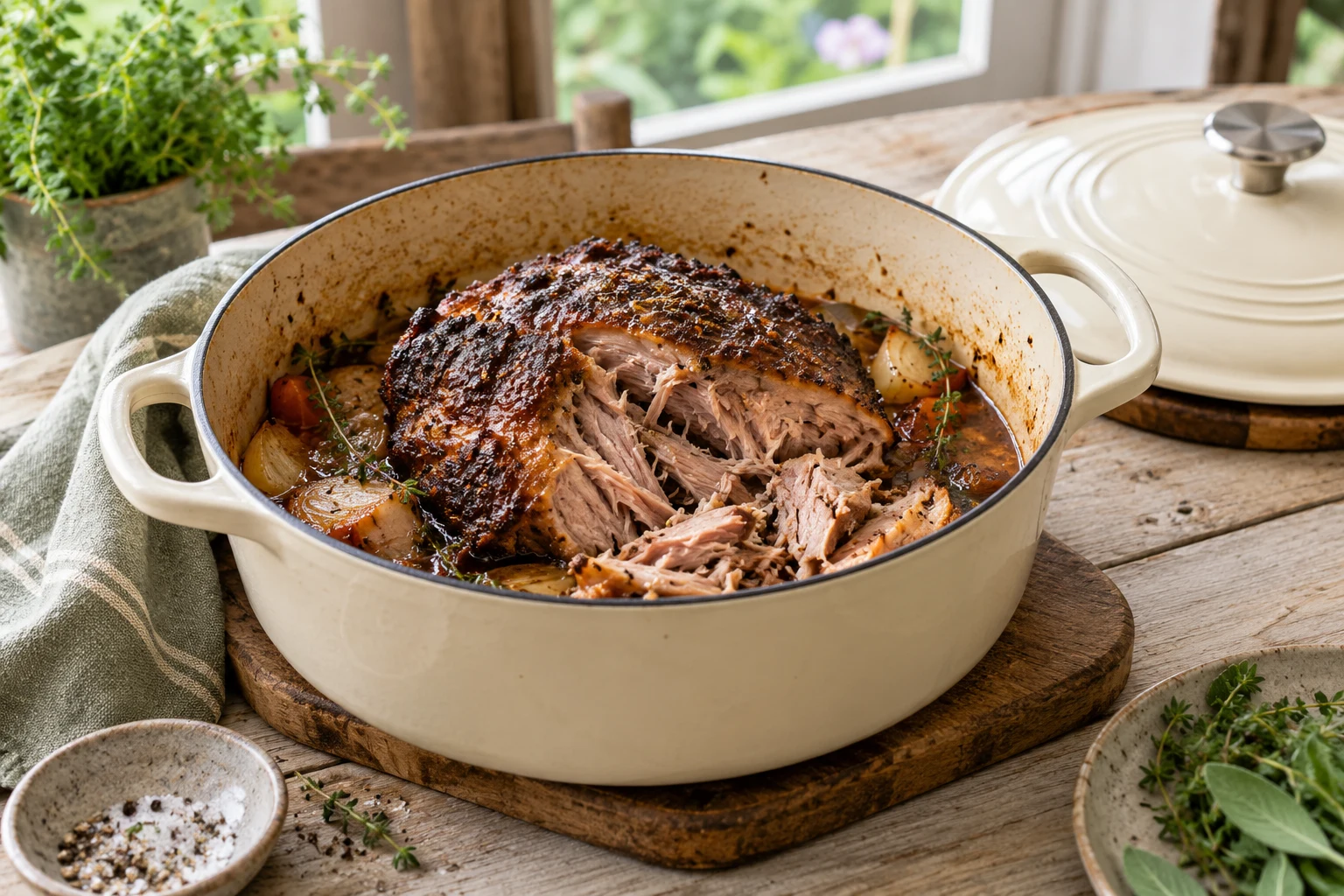 An oven-safe enameled casserole containing cooked pork shoulder with its lid resting beside it on a heatproof trivet, soft kitchen daylight