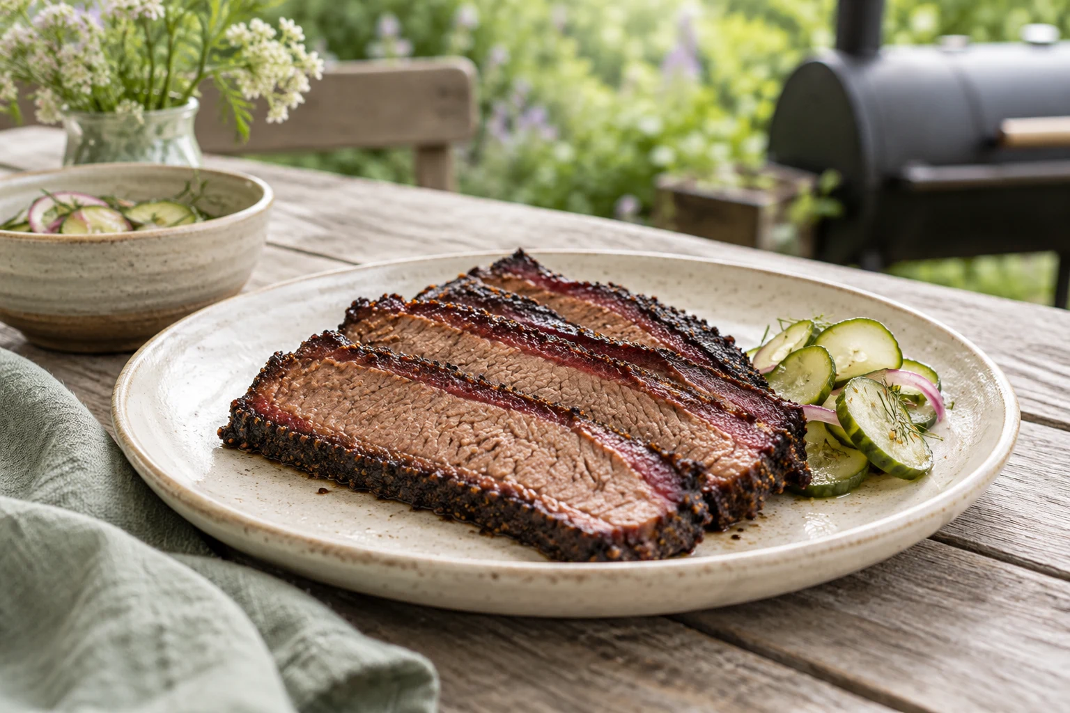 A small serving of sliced smoked brisket on a cream platter with pickled cucumber, realistic dark brown bark but a light airy scene
