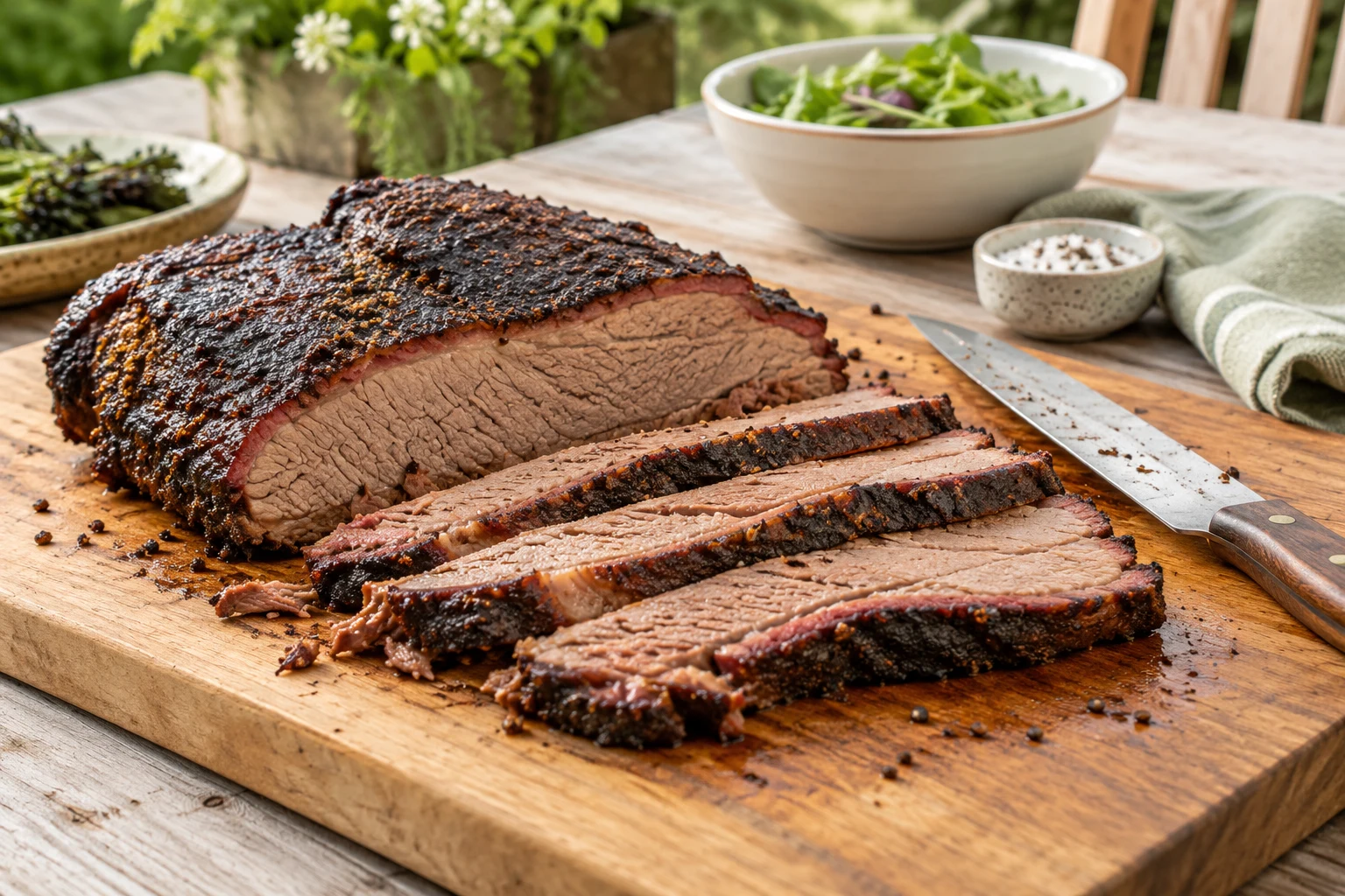 Close view of a rested brisket flat on a wooden cutting board with several slices cut across the grain, plain carving knife placed aside, realistic irregular meat fibers
