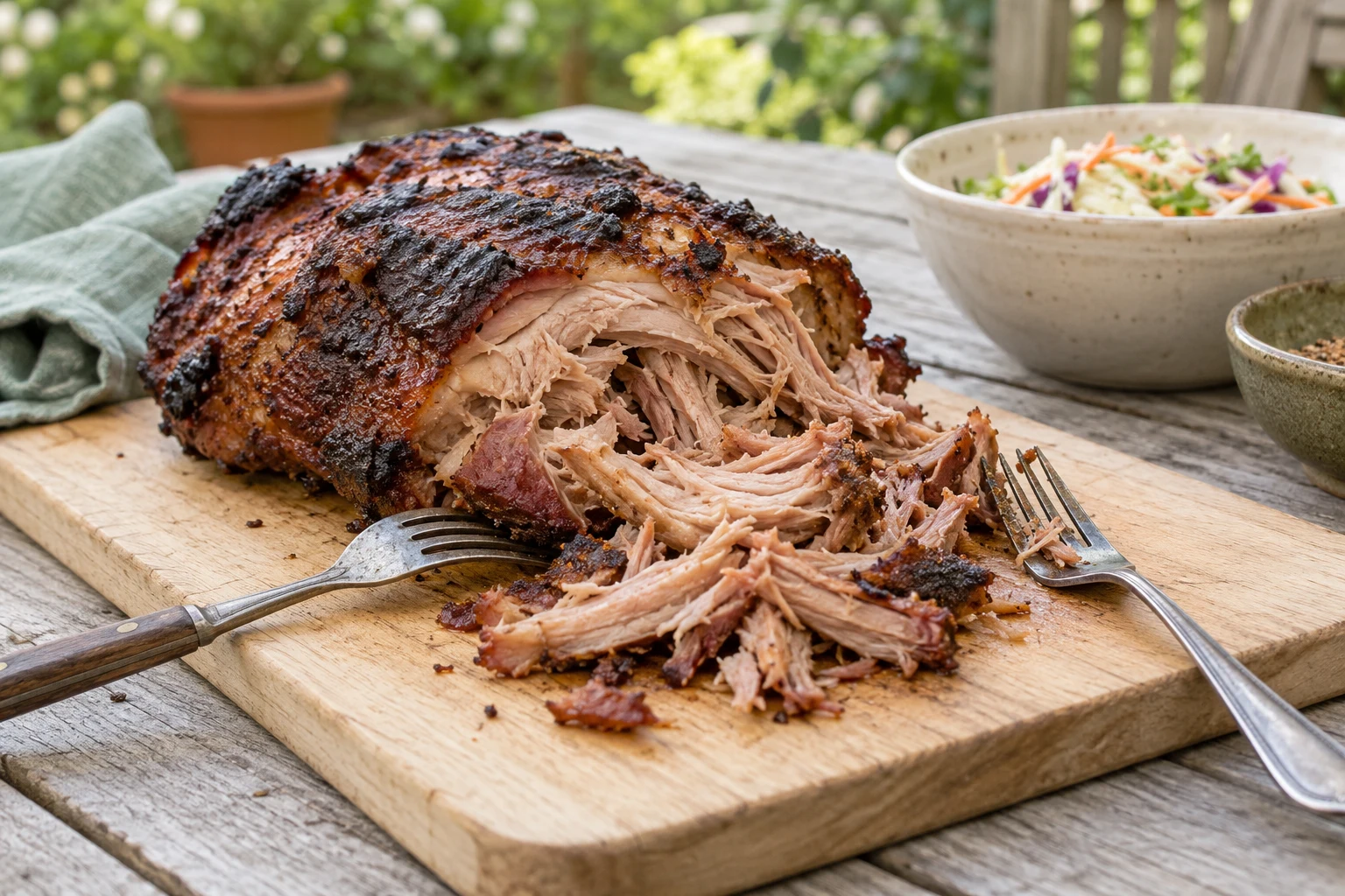 A cooked pork shoulder on a clean pale wood board, a small portion pulled apart with two ordinary forks resting separately beside it
