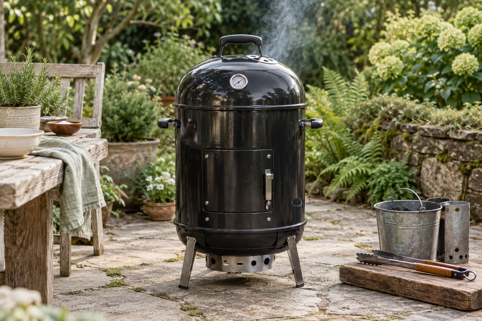 A compact closed charcoal smoker in a quiet leafy garden on stone paving, faint thin smoke, tools neatly beside it