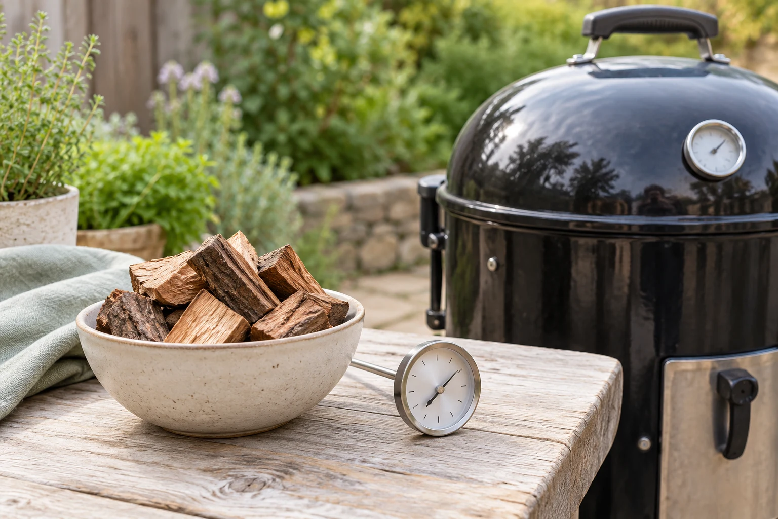 A small bowl of dry hardwood chunks and a clean grate thermometer on a pale wood table beside a closed smoker, no legible numbers