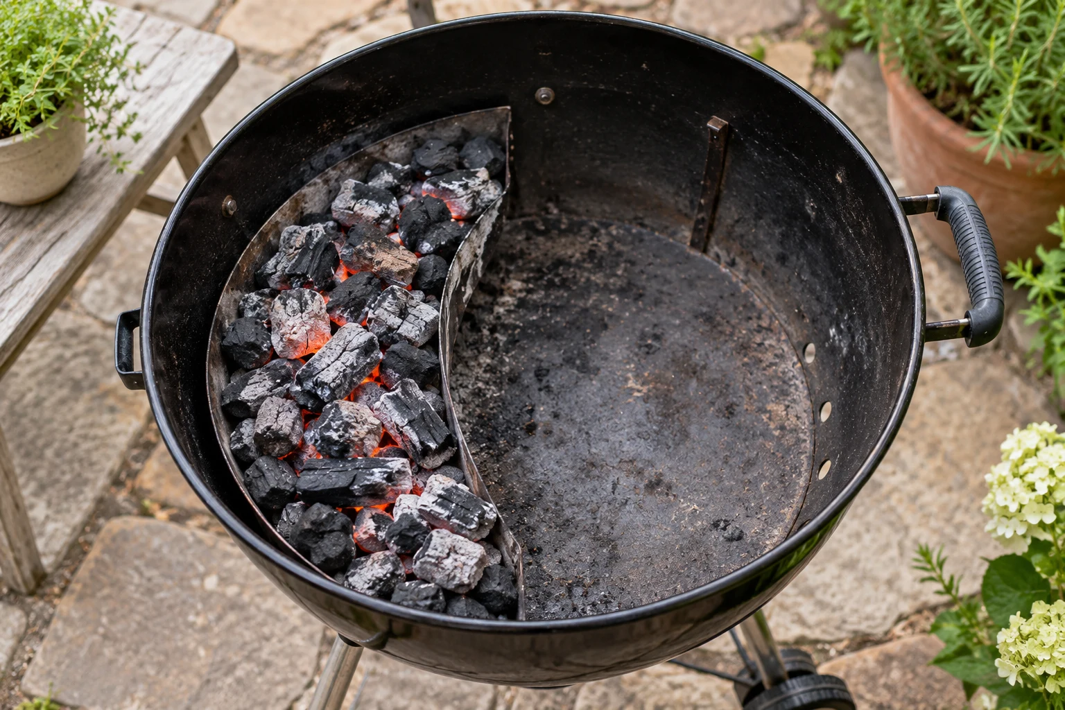 Overhead kettle interior without the upper cooking grate, charcoal banked in a compact crescent on one side and empty space on the other, on a stone patio