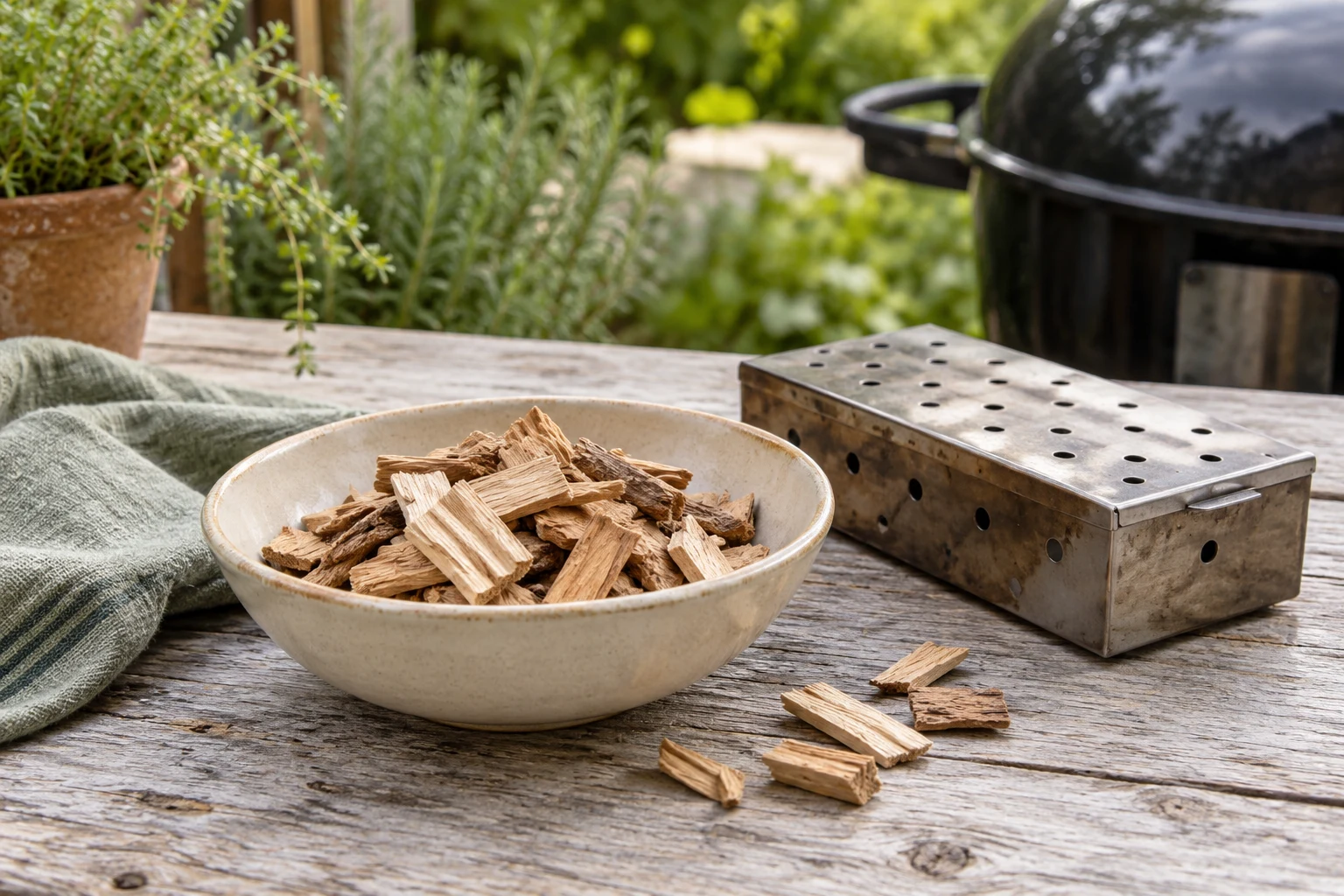 A shallow cream bowl containing a modest handful of pale dry hardwood smoking chips, small metal smoker box beside it